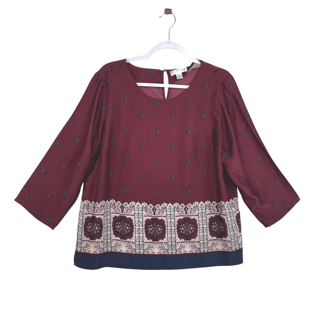 Kenar Womens Burgundy Boho Medallion Print 3/4 Sleeve Blouse Top Large MC6812